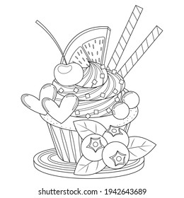 Blueberry cupcake vector illustration cartoon isolated on white background. Cute cupcake vector coloring page. 