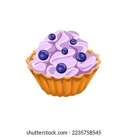 Blueberry cupcake with whipped cream isolated on white background. Vector cartoon illustration. Sweet food icon.