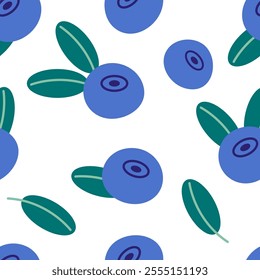 Blueberry cute illustration. Vector seamless pattern in flat style isolated on white background. Print for fabric, textile, wrapping paper, healthy food,  menu, card
