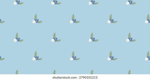 Blueberry cute pastel flower spring seamless summer vector berry pattern. White dot design for picnic table or baby food. Illustration soft daisy and fruit accents through subtle grid.