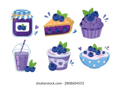 Blueberry dessert collection. Set of sweet food with fresh berries, jam, pie, cupcake, smoothie, yogurt and bowl. Healthy organic snack elements. Flat vector illustration isolated on white background.