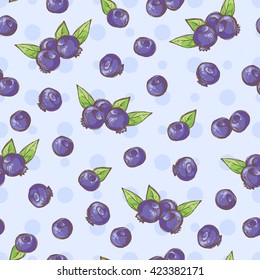 Blueberry doodle seamless pattern; vector illustration with
blue colorful berries and leaves in sketch style; hand drawn organic summer
food ornament for dessert packaging