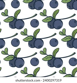 Blueberry engraved vintage seamless pattern. Wild berries background. Colored sketch of blueberries on branches. Healthy organic food, berry print for textile, packaging design, paper, vector