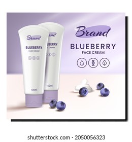 Blueberry Face Cream Creative Promo Poster Vector. Blueberry Face Cream Blank Tubes And Natural Bio Berries On Advertising Banner. Facial Skin Care Cosmetic Style Concept Template Illustration