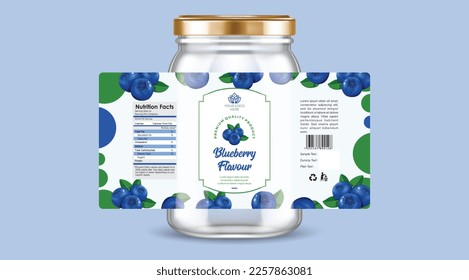 Blueberry flavor label design, Blueberry jar packaging, fruit jam label design, Blueberry flavor multivitamin candy label, Blueberry label with glass jar, and golden cap illustration.