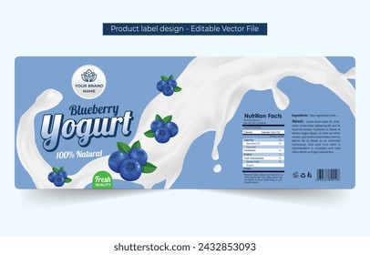 Blueberry flavor Yogurt label design template, Food product label design with fruits cream and berries, container packaging template design download editable vector file illustration