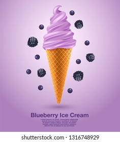 Blueberry : Flavored Soft Ice cream Set : Vector Illustration