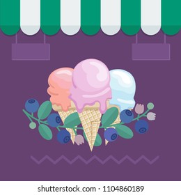 Blueberry flavoured Ice Cream poster template. Pink, violet, and blue ice cream in cone with blue berries pattern on eggplant color background.