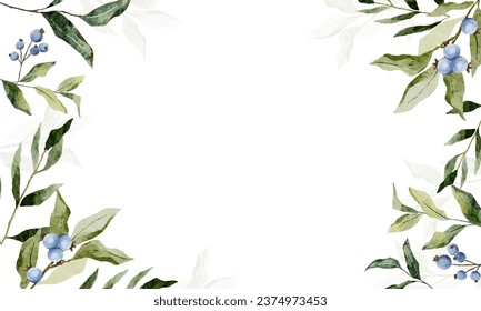 Blueberry floral and green leaves background in watercolor style