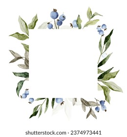Blueberry floral and green leaves frames in watercolor style