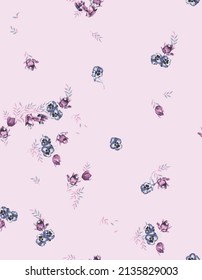 Flora de arándano azul sin soldadura vectorial patrón de impresión, flores de berry rosa claro, huellas de bayas de moda