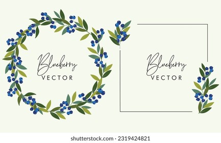 Blueberry frame with leaves graphic illustration. Set of romantic frames with ripe blueberries on white isolated background. Greeting card or invitation design