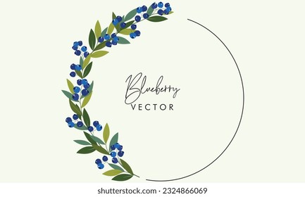 Blueberry frame with leaves graphic illustration. Set of romantic frames with ripe blueberries on white isolated background. Greeting card or invitation design