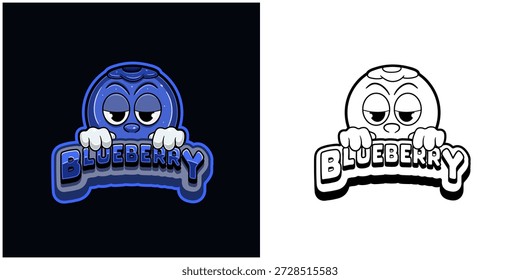 Logotipo de desenho animado de fruta de mirtilo com texto e uma alta expressão. Cor completa e design preto e branco. Design para adesivo, rótulo, tampa, embalagem, camiseta, negócios e produto. Vetores e ilustrações.