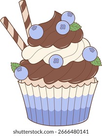 Cupcake De Fruta De Arándano Con Rollo De Agua. Ilustración de comida plana y simple.