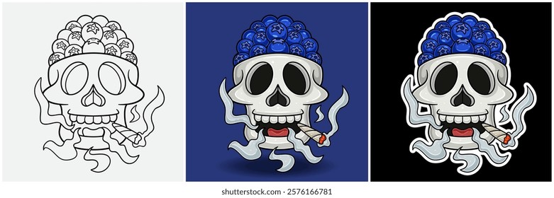 Blueberry Fruit Inside Skull Head With Smoking Character Cartoon. Black White, Colorful and Sticker Style. For T shirt print, Brand Logo, Label and Mascot product. Vectors Illustrations