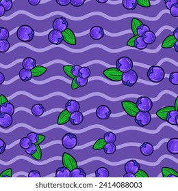 Blueberry Fruit Seamless Pattern in Cartoon Style. Perfect For Background, Backdrop, Wallpaper and Cover Packaging. Vector Illustration.