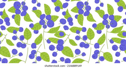 Blueberry fruit seamless pattern illustration in modern flat cartoon style. Natural tree branch background. Healthy food concept, organic juicy fruits backdrop.