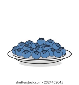 Frutos de arándano. Ilustración del diseño de dibujos animados del vector Blueberry. Arándano con hojas en plato. Arándano en plato.
