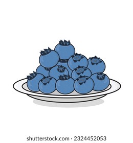 Blueberry fruit. Blueberry vector icon cartoon design ilustration. Blueberry with leaf in plate. Blueberry in plate.