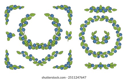 Blueberry graphic design element set in color. Berry frame vector illustration set for invitation, card design and graphic design