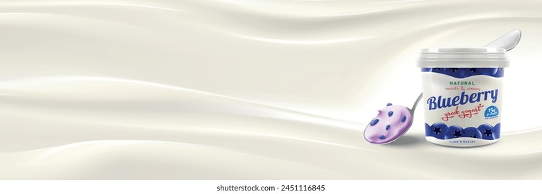 Blueberry greek yogurt jar on bright milk wave background, ready for branding and commercial use, flyer realistic illustration