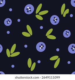 Blueberry and green leaf pattern with dots on black background seamless pattern for fabric, textiles, clothing, wallpaper, cover, banner, home decor, florals backgrounds