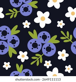 Blueberry and green leaf pattern with dots on black background seamless pattern for fabric, textiles, clothing, wallpaper, cover, banner, home decor, florals backgrounds