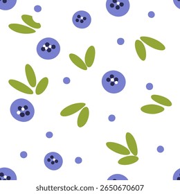 Blueberry and green leaf pattern with dots on white background seamless pattern for fabric, textiles, clothing, wallpaper, cover, banner, home decor, florals backgrounds