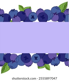 Blueberry with green leaves seamless border frame. Vector hand drawn in graphic outline style, forest berry.  illustration for restaurant, cafe menu,
