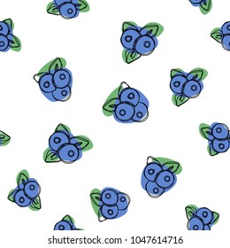 Blueberry hand draw vector seamless pattern. Natural fresh ripe tasty blueberries on white. For backgrounds, packaging, textile and various other designs.