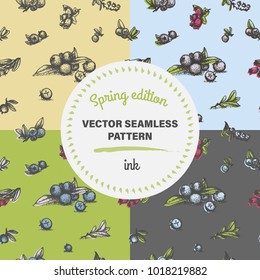 Blueberry hand drawn seamless pattern set, vector illustration. Fruit and leaf sketch drawing. Spring color floral elements for design.
