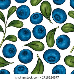 Blueberry hand drawn seamless pattern  vector illustration. Sketch style drawing isolated on white background with leaf. Organic vegetarian object for menu, label, recipe, product packaging