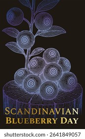 Blueberry harvest Scandinavian holiday. Woodcut-style illustration with golden title text. Ideal for posters, festivals, packaging, and seasonal editorial use.