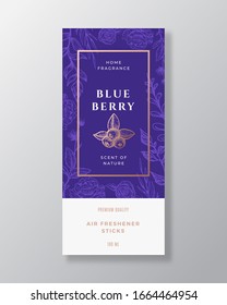 Blueberry Home Fragrance Abstract Vector Label Template. Hand Drawn Sketch Flowers, Leaves Background and Retro Typography. Premium Room Perfume Packaging Design Layout. Realistic Mockup. Isolated.