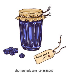 Blueberry homemade grandmas jam with label and fruits, vector sketch style illustration 