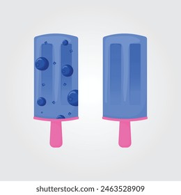 Blueberry ice cream, berry popsicle on a pink stick with blueberry pieces. Summer cold dessert, berry ice. Vector illustration EPS 10