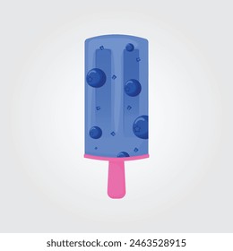 Blueberry ice cream, berry popsicle on a pink stick with blueberry  pieces. Summer cold dessert, berry ice. Vector illustration EPS 10