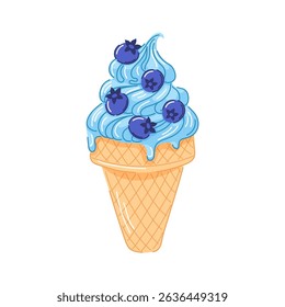 Blueberry ice cream cone with swirled creamy texture and berry on top in cartoon style. Refreshing summer dessert perfect for sweet theme, fruit concept and colorful food illustration.