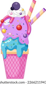 Blueberry ice cream in cone with toppings illustration