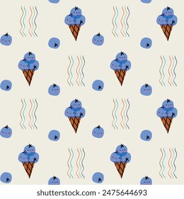 Blueberry ice cream. Cute pattern with blueberries and ice cream. Cute print for fabric or wallpaper.