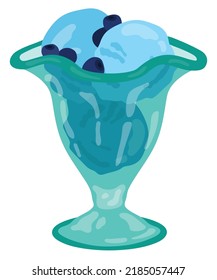 Blueberry ice cream in glass vase. Hand drawn vector illustration. Suitable for website, stickers, postcards, menu.