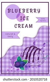 blueberry ice cream label design. one scoop of sundae with blue berries, dripping cream, colorful splashes on chequered background. gelato flavor concept. vector art great for flyer, banner or