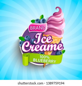 Blueberry Ice cream logo on sunburst background with berries and sundae in cone in cartoon style for your design.Gelato for banner,poster,brand,template and label,packaging,packing, emblem. Vector