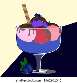 Blueberry Ice Cream. Options for ice cream balls with chocolate icing and blueberries. A series of food and beverage and cooking ingredients.