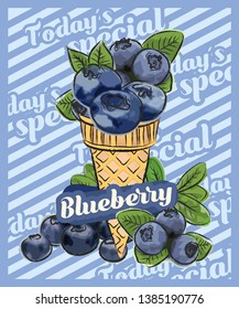 Blueberry ice cream scoop in cone. Vector sketch illustration. Fruit ice cream idea, concept