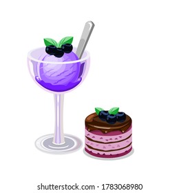 Blueberry ice cream vector image in clear glass And blueberry cake topped with chocolate cream, Isolated on white
