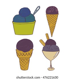 blueberry ice cream. ice cream with wafer rolls,in a waffle Cup, in the waffle cone