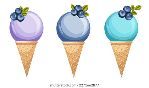 helado de arándano azul en un juego de cono de gofre. Colorida bola de helados con bayas en colores pastel. Delicioso postre helado. Refrescante postre congelado. ilustración vectorial de dibujos animados