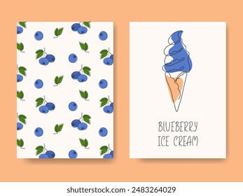 Blueberry ice cream waffle cone. Abstract continuous line drawn ice cream on white background and Berry pattern backgrounds set. Template for package or menu design for cafe, restaurant, store